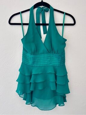 BCBGMAXAZRIA Women’s Silk Halter Top Green Size XS Y2K 2000s Style EUC